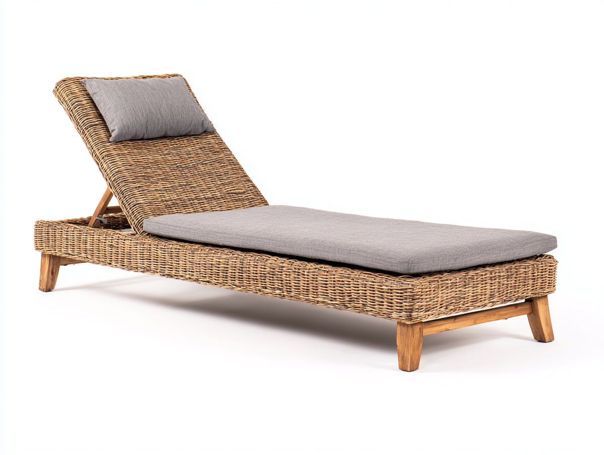 Bain de soleil - Rotin-Tissu - 198x71x88 cm - Naturel-Gris clair - Style naturel réglable
