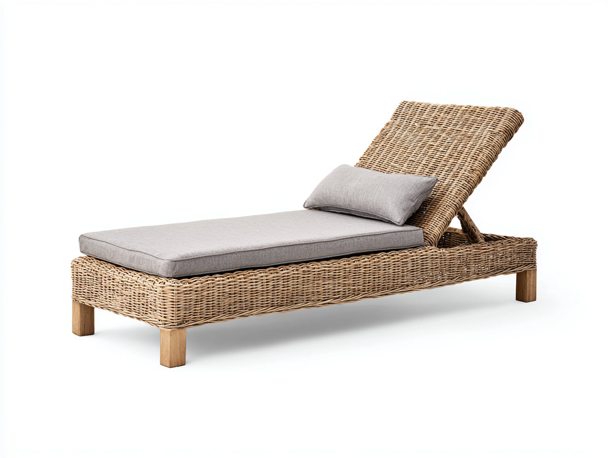 Bain de soleil - Rotin-Tissu - 192x76x91 cm - Naturel-Grège - Style épuré réglable