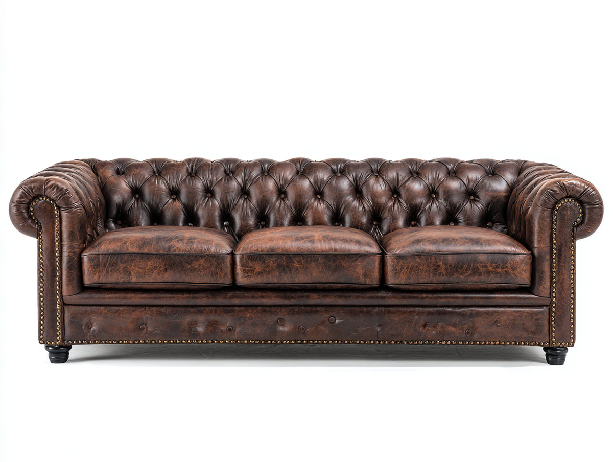 Canapé 3 places - Cuir - 232x98x75 cm - Brun patiné - Style Chesterfield industriel