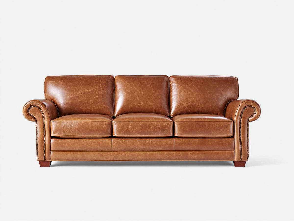 Canapé 3 places - Cuir - 214x92x88 cm - Brun cognac - Style classique