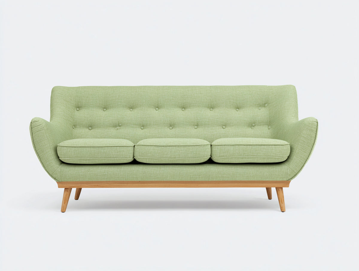 Canapé 3 places - Tissu-Bois - 215x90x86 cm - Vert clair-Bois naturel - Style rétro scandinave
