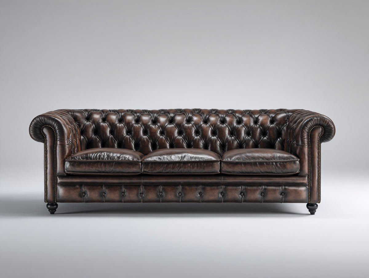 Canapé 3 places - Cuir - 229x96x76 cm - Brun foncé - Style Chesterfield