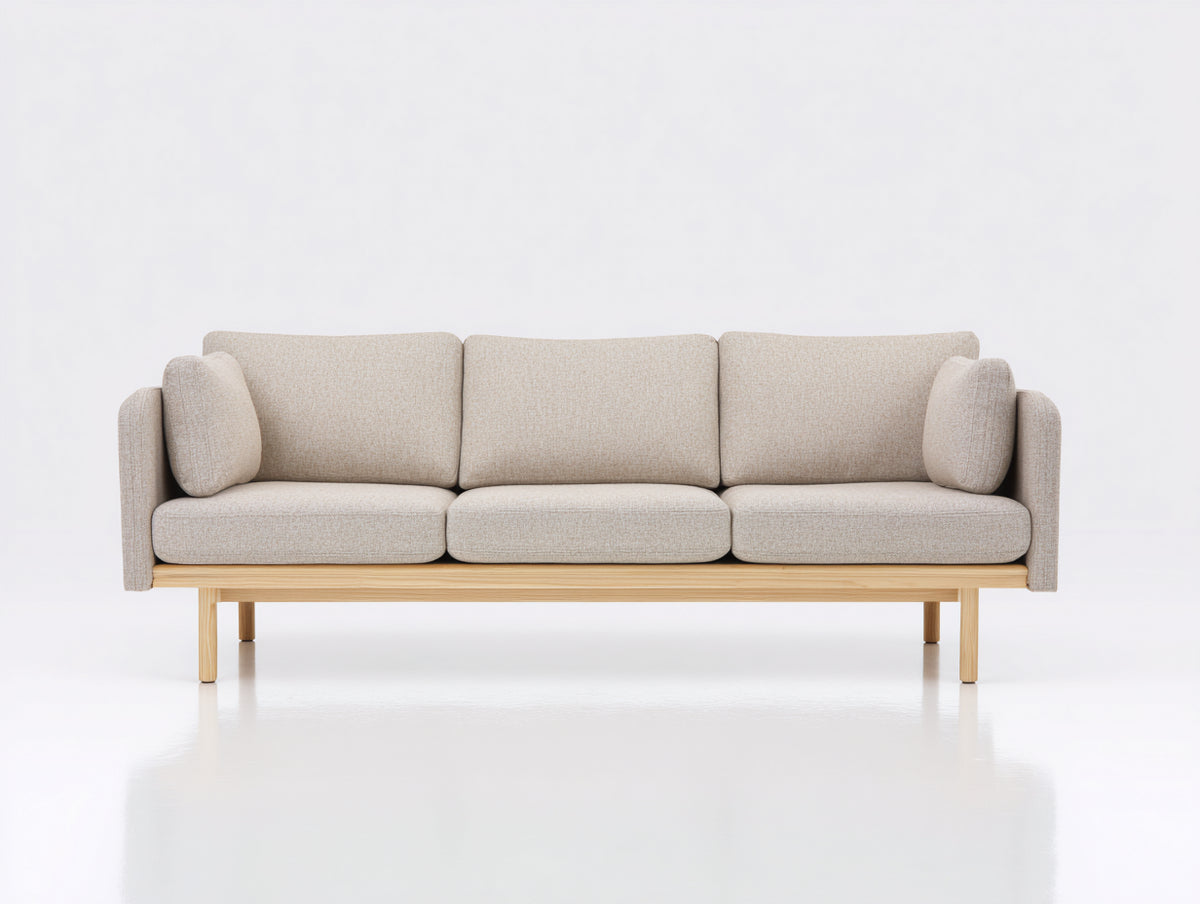 Canapé 3 places - Tissu-Bois - 208x90x82 cm - Beige clair-Bois naturel - Style nordique