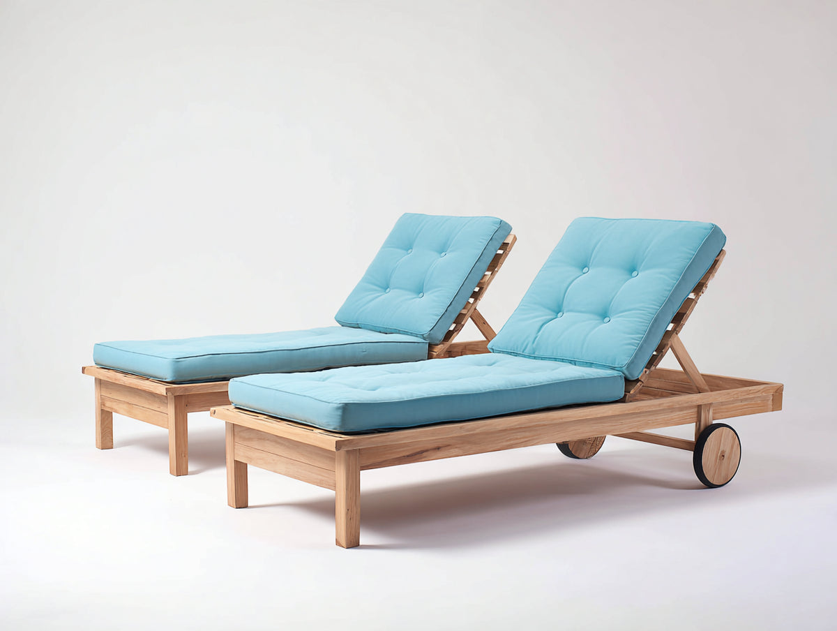 Bain de soleil - Bois-Tissu - 202x72x92 cm - Bois naturel-Bleu ciel - Style classique réglable