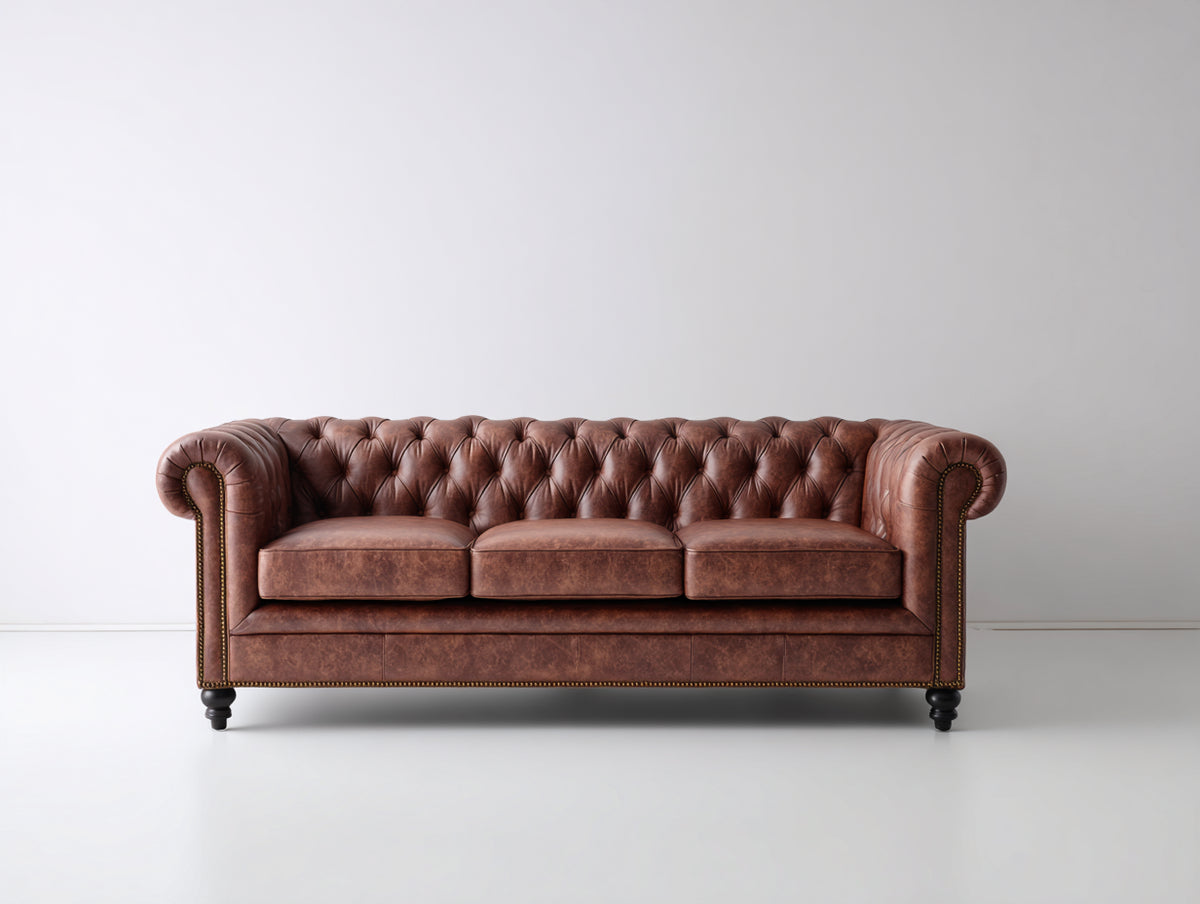 Canapé 3 places - Cuir - 218x92x76 cm - Brun tabac - Style Chesterfield