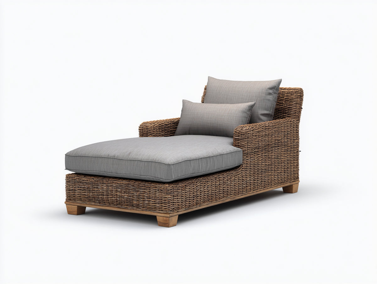 Bain de soleil - Rotin-Tissu - 176x88x84 cm - Brun-Gris clair - Style classique enveloppant