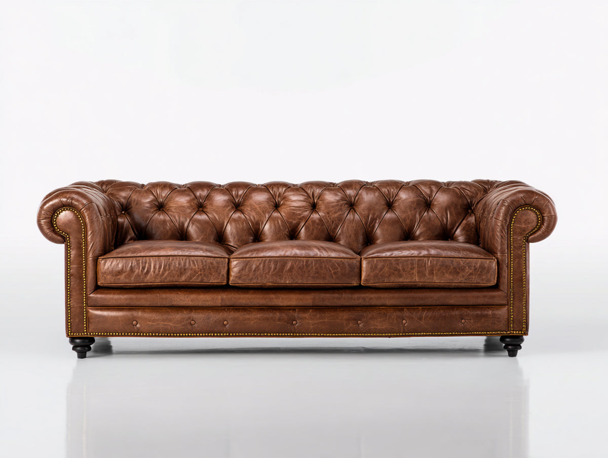 Canapé 3 places - Cuir - 224x96x78 cm - Brun cognac - Style Chesterfield