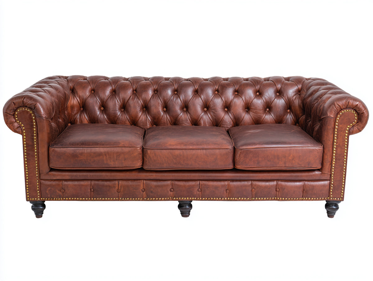 Canapé 3 places - Cuir - 228x97x78 cm - Brun cognac - Style Chesterfield