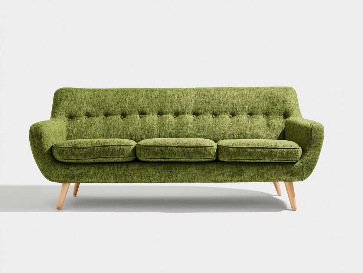 Canapé 3 places - Tissu-Bois - 212x89x82 cm - Vert mousse-Bois naturel - Style milieu du siècle