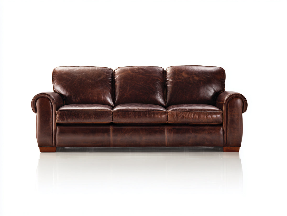 Canapé 3 places - Cuir - 216x94x86 cm - Brun acajou - Style traditionnel
